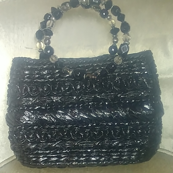 VINTAGE Black RARE Cappelli Strawworld Beaded Handle Purse - Picture 2 of 10